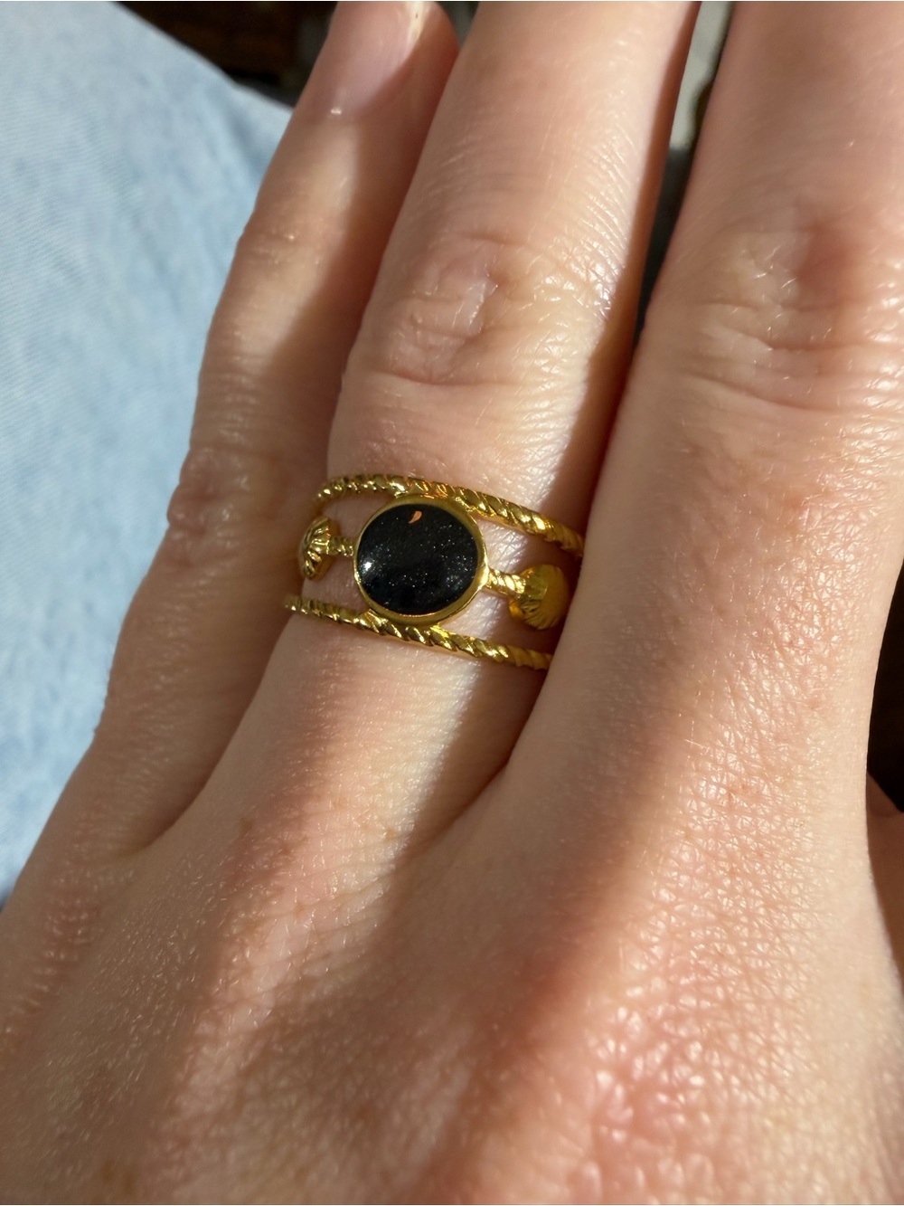 18k Gold Plated Black Enamel Openwork Ring - Picture 2 of 5